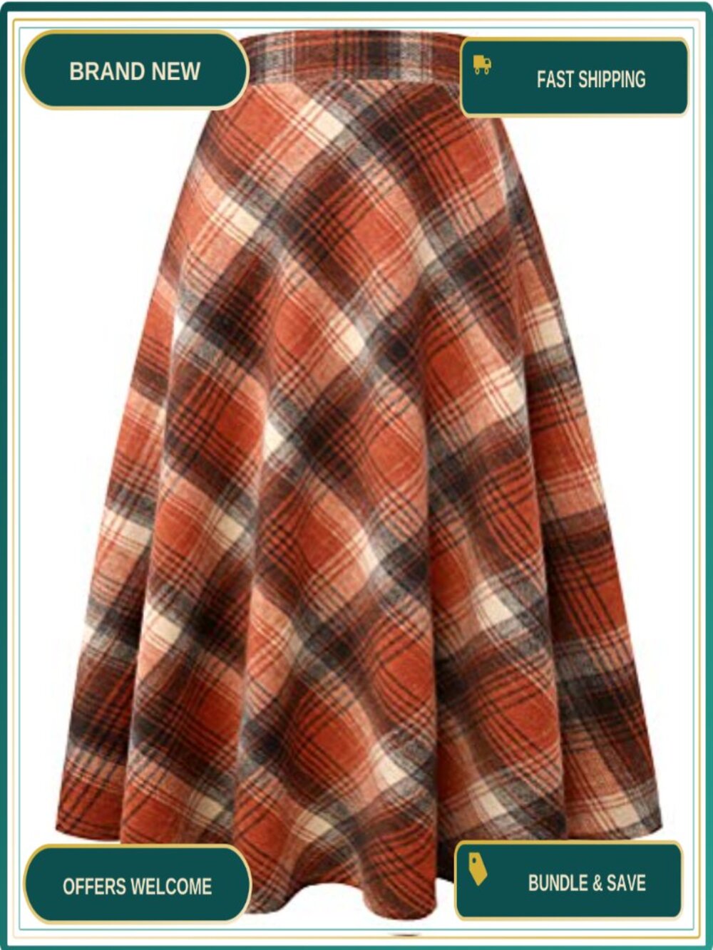 Womens Plaid Wool Skirt Elastic Waist A-Line Pleated Tartan Long